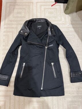Mackage Black Trench Coat with Leather Trim